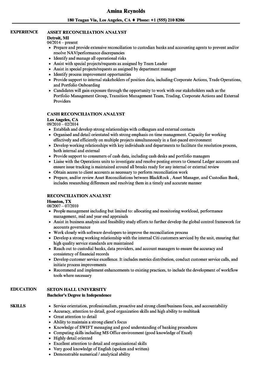 reconciliation analyst resume samples