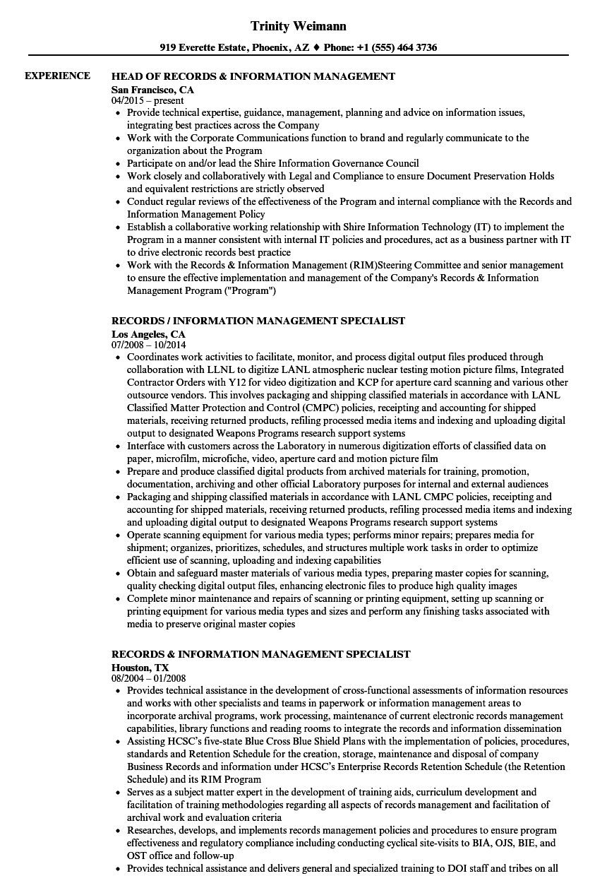 records management resume objective examples