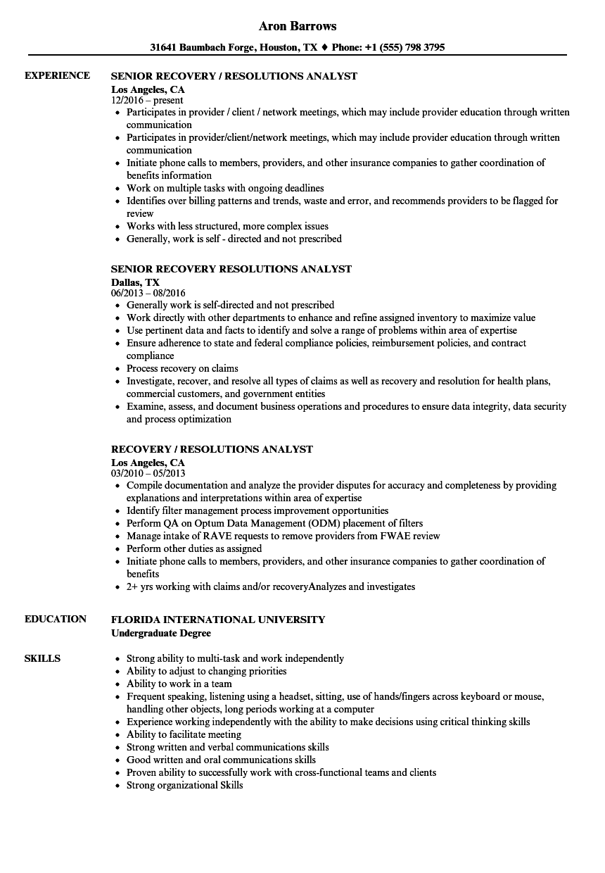 Recovery / Resolutions Analyst Resume Samples | Velvet Jobs