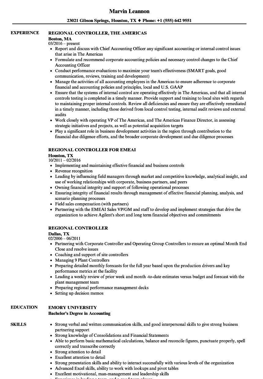 Regional Controller Resume Samples Velvet Jobs