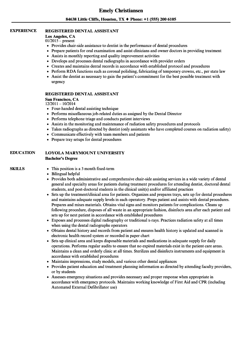 Registered Dental Assistant Resume Samples Velvet Jobs