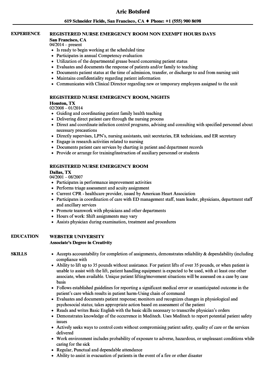 Registered Nurse Emergency Room Resume Samples | Velvet Jobs