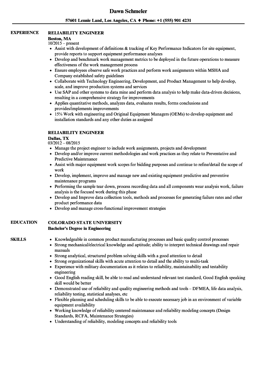 resume for maintenance reliability engineer