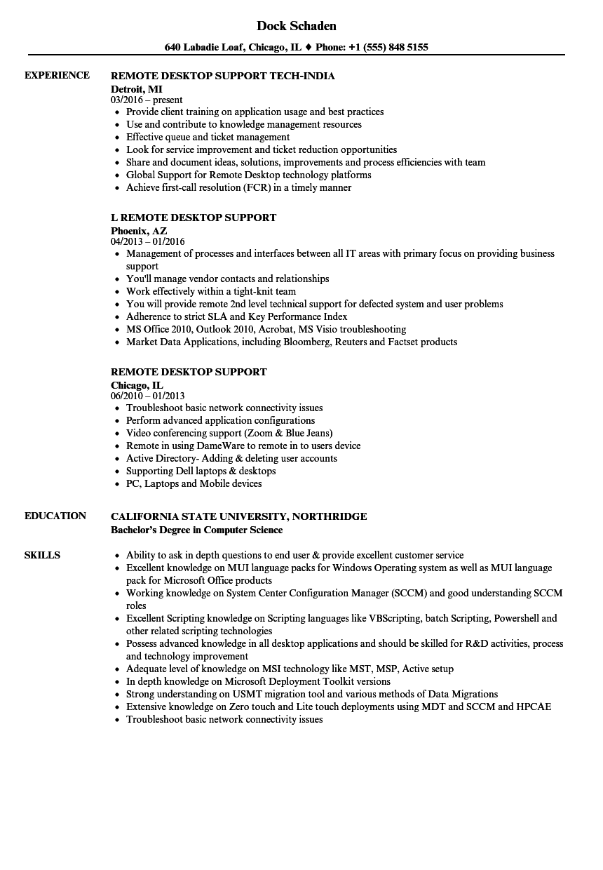 Remote Desktop Support Resume Samples Velvet Jobs