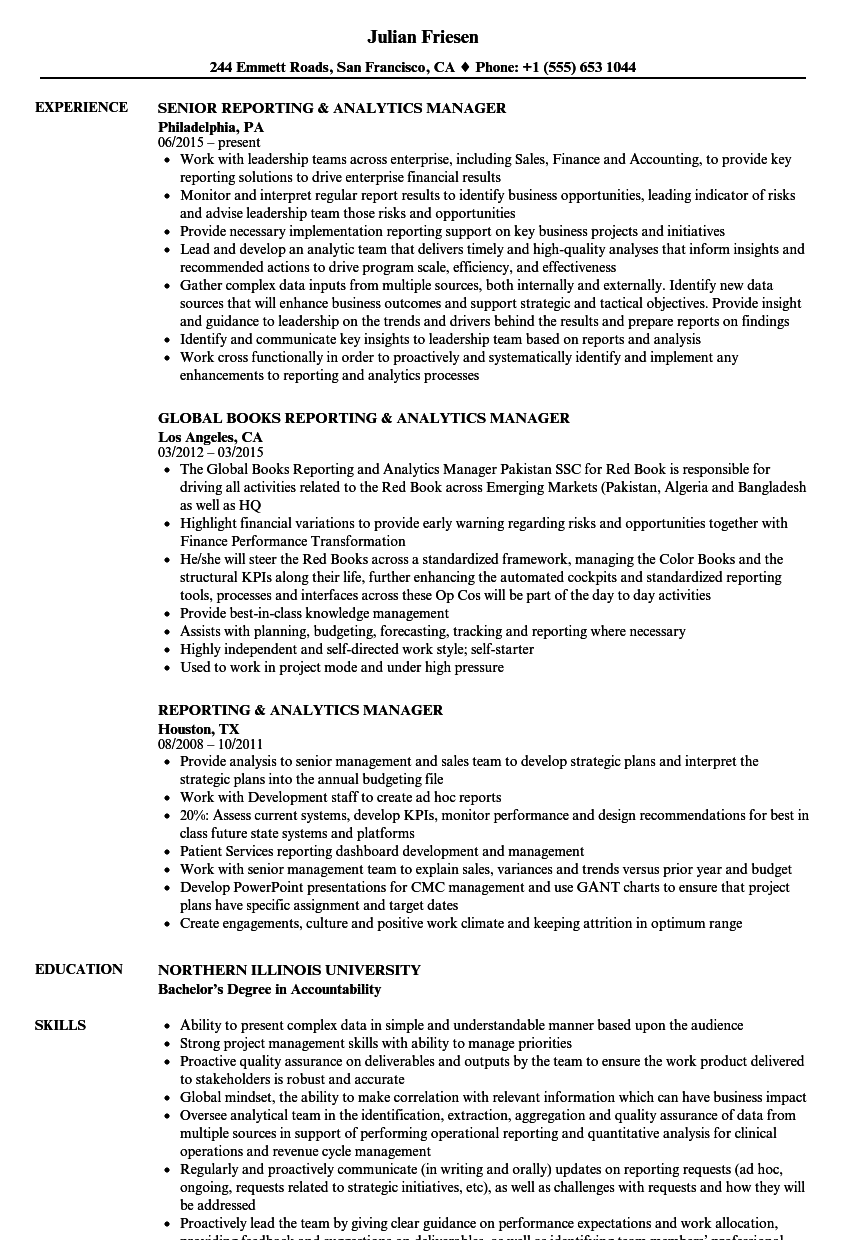 Reporting & Analytics Manager Resume Samples | Velvet Jobs