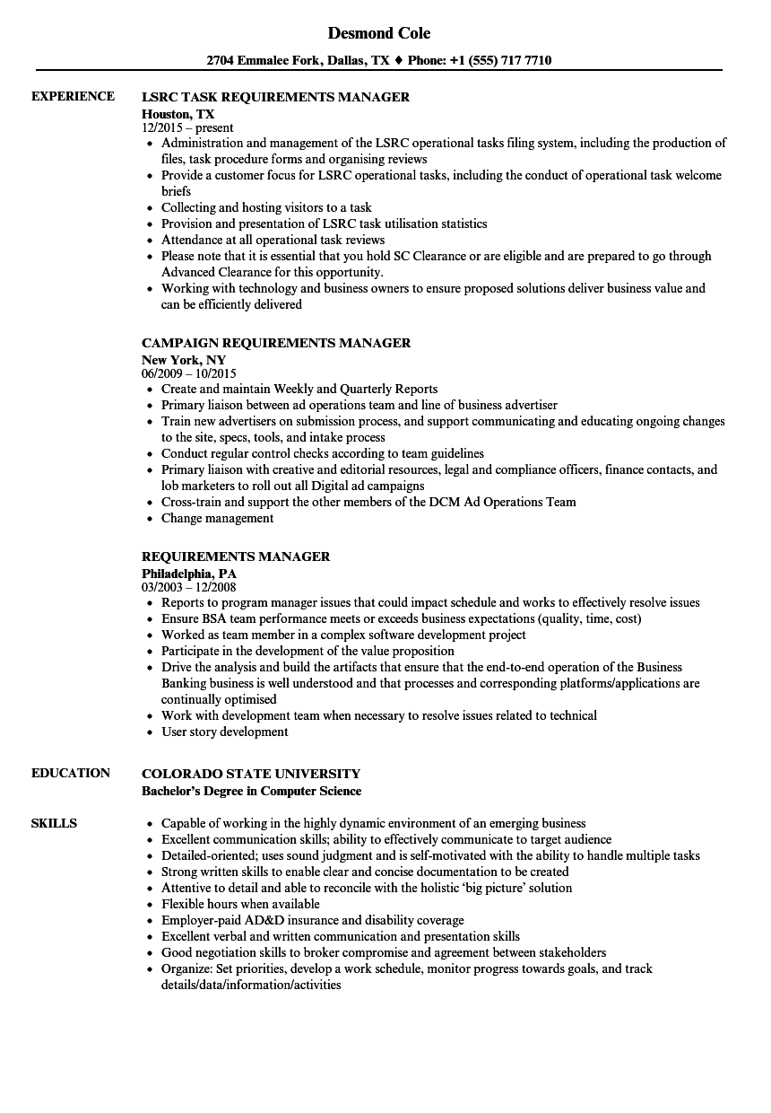 job requirements example resume