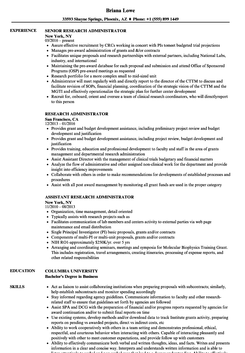 Research Administrator Resume Samples Velvet Jobs