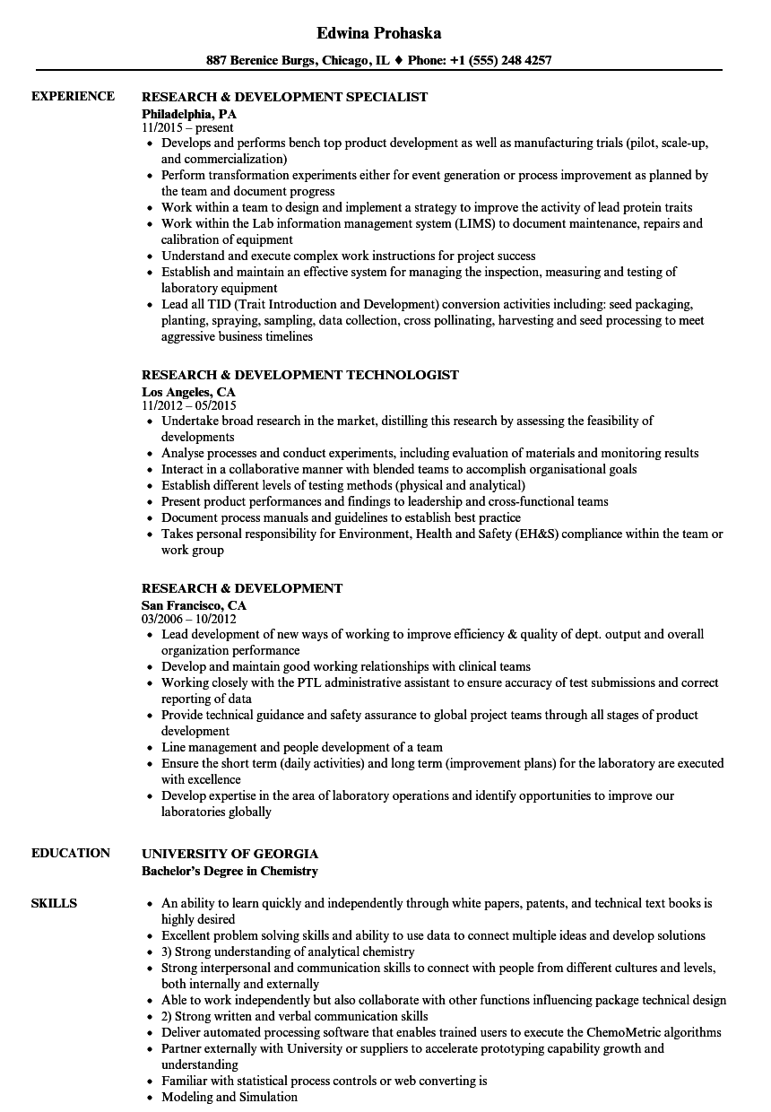 resume samples for research and development