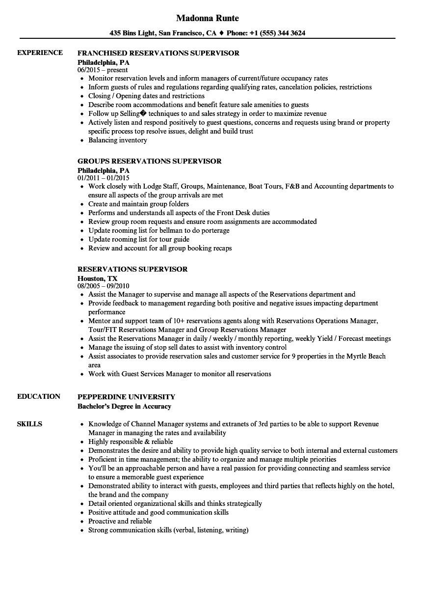 Reservations Supervisor Resume Samples Velvet Jobs