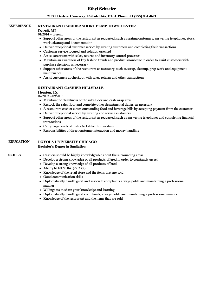 Restaurant Cashier Resume Samples | Velvet Jobs