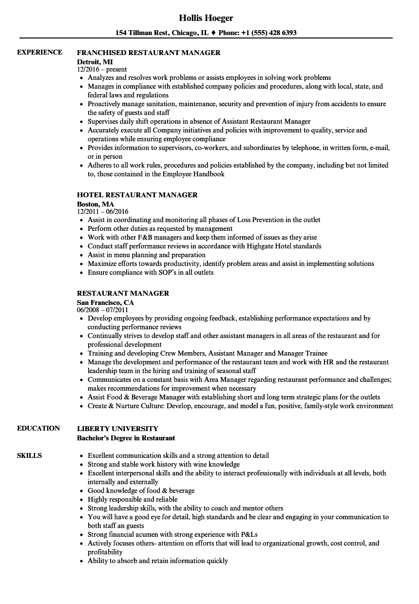 Restaurant Manager Resume Samples Velvet Jobs