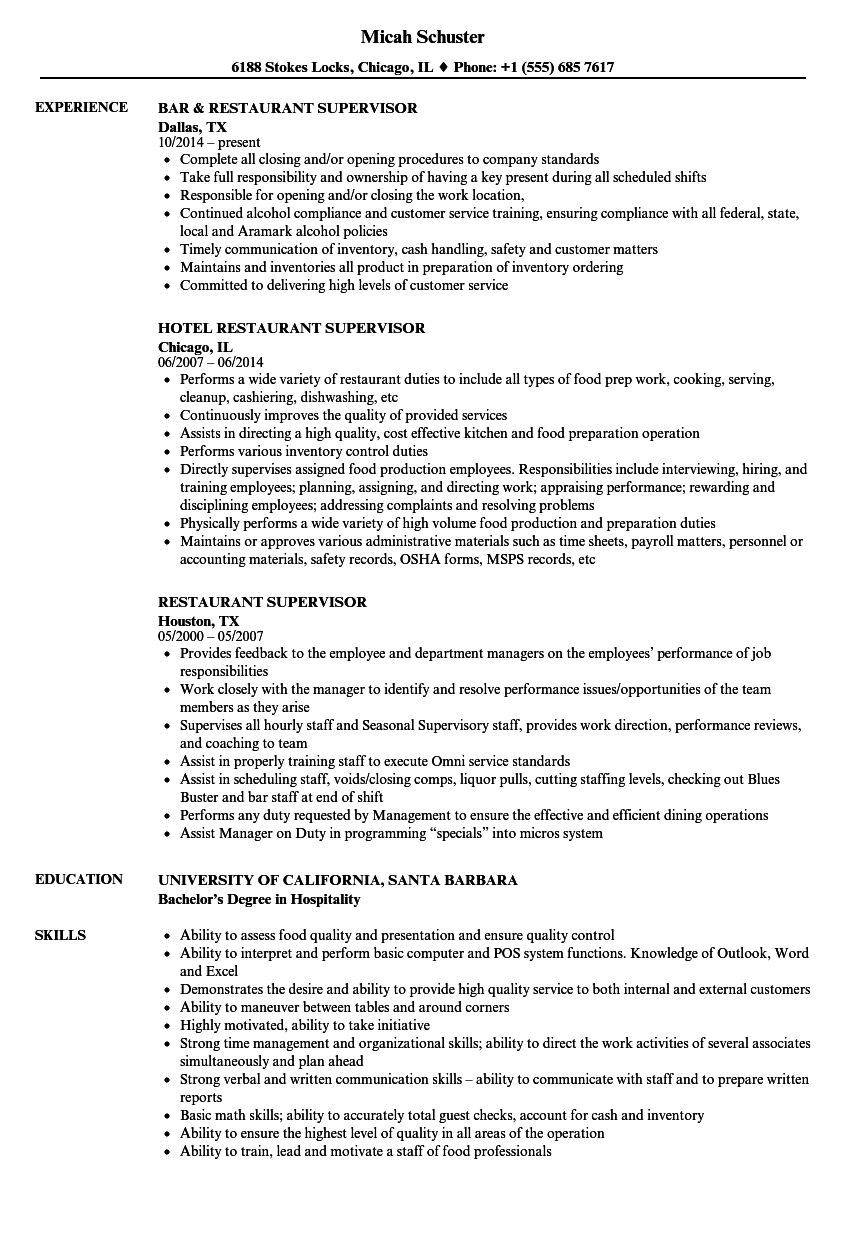 Restaurant Supervisor Resume Samples | Velvet Jobs