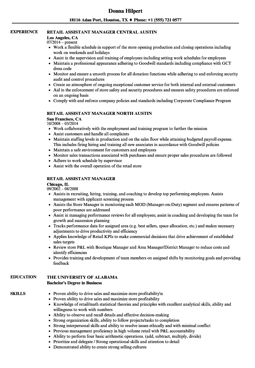 assistant manager job description resume