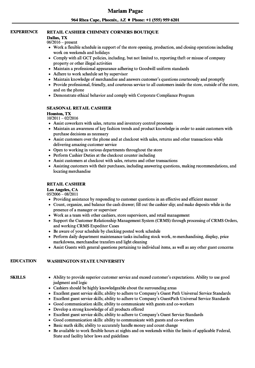 Retail Cashier Resume Samples | Velvet Jobs