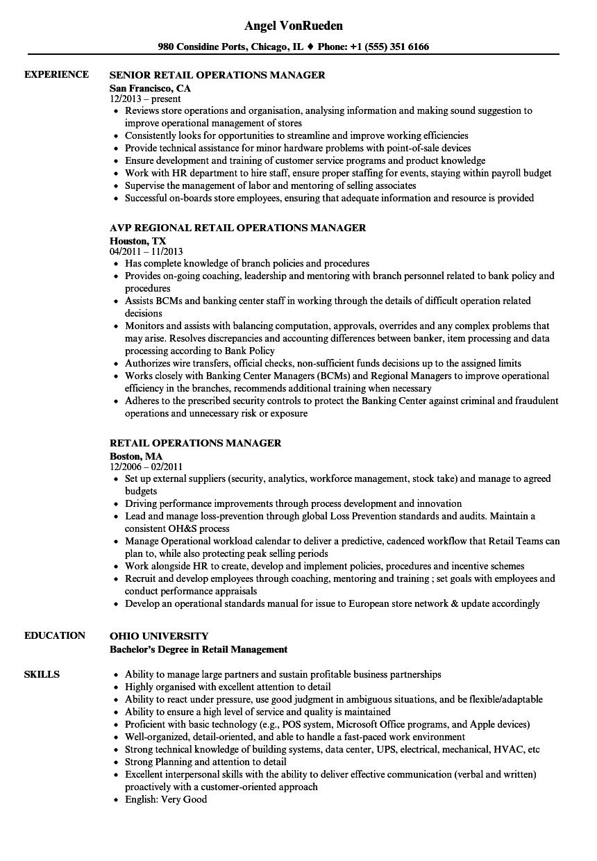 Retail Operations Manager Resume Samples Velvet Jobs