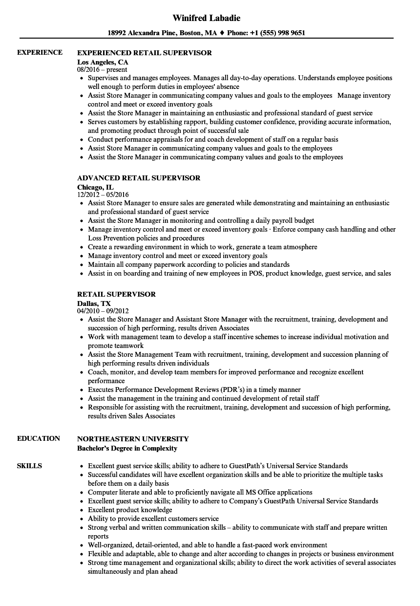 Retail Supervisor Resume Samples | Velvet Jobs