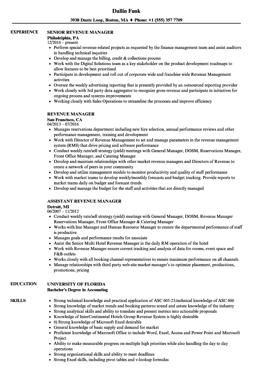 sample resume for hotel revenue manager