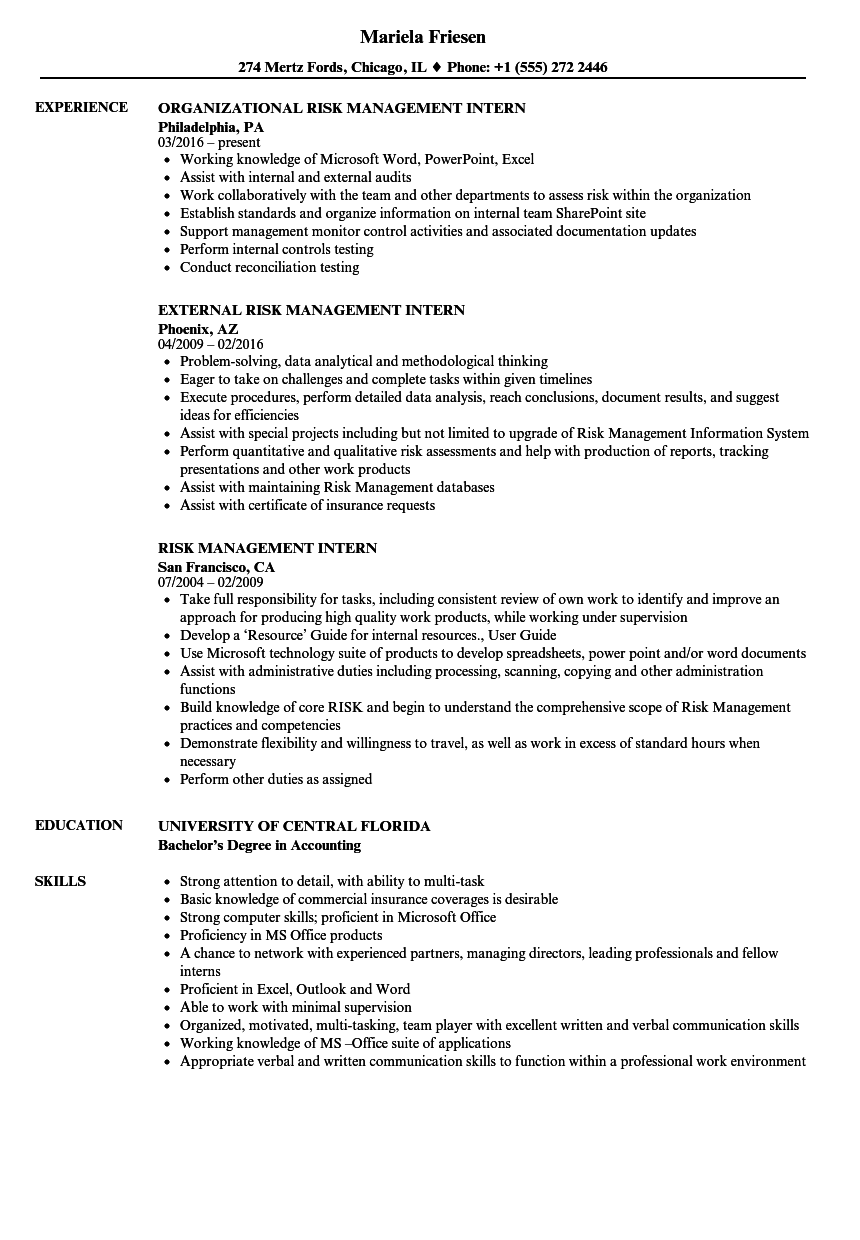 Risk Management Intern Resume Samples | Velvet Jobs