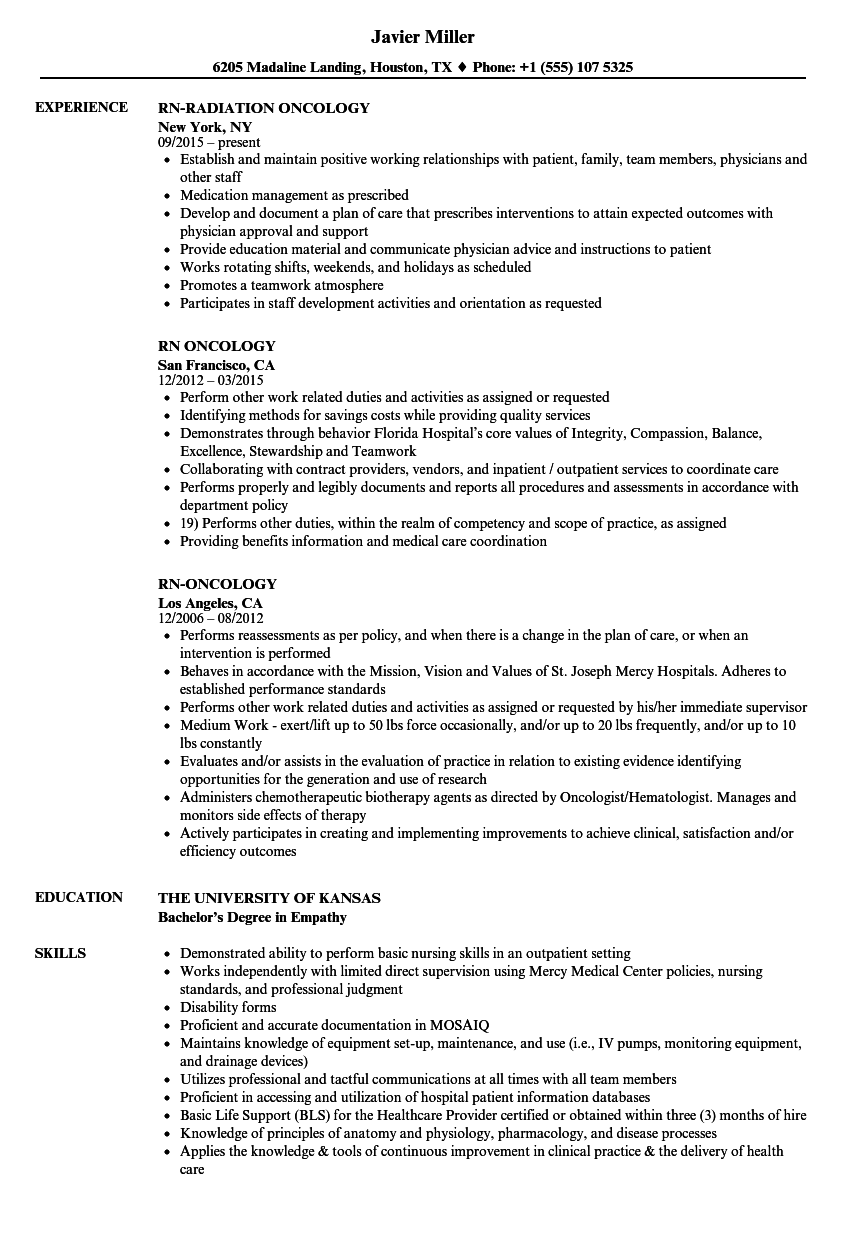 RN / Oncology Resume Samples | Velvet Jobs