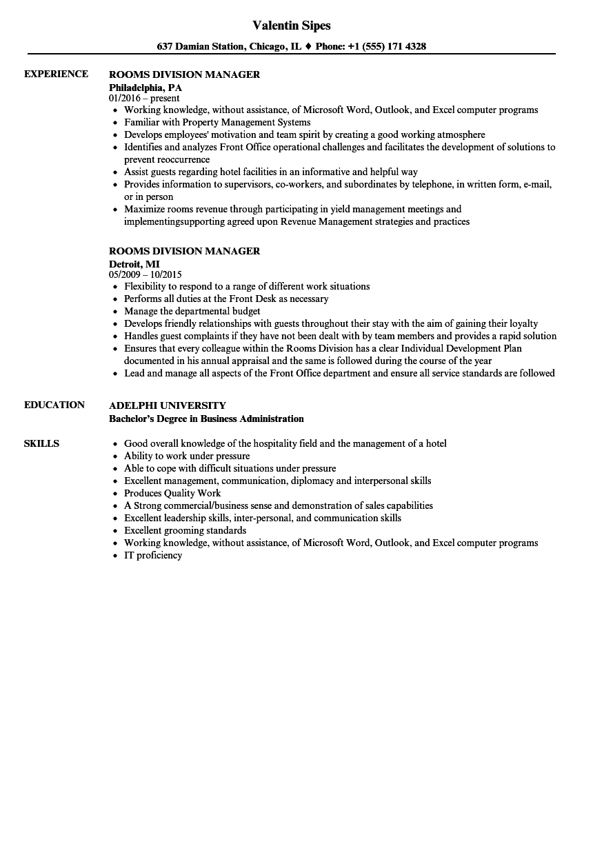 rooms division manager resume samples