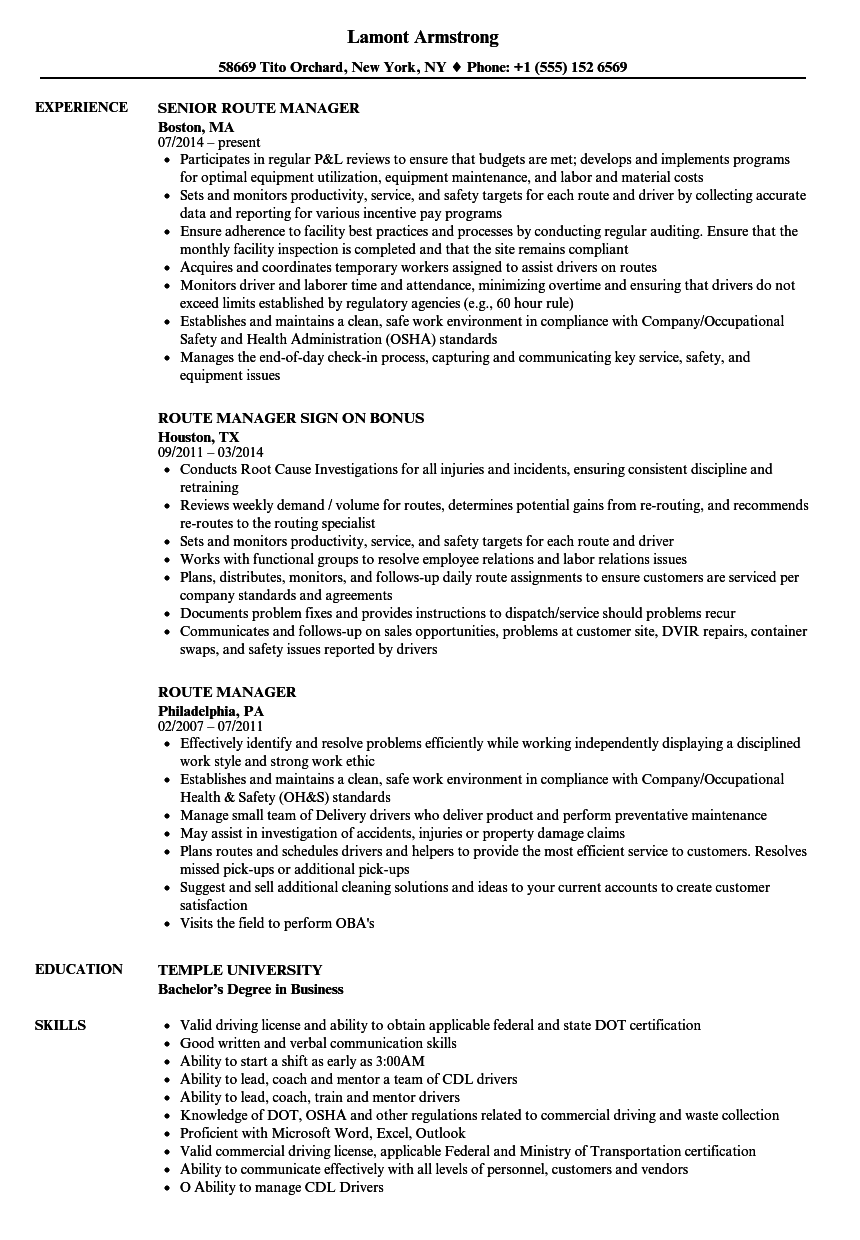 route manager resume samples