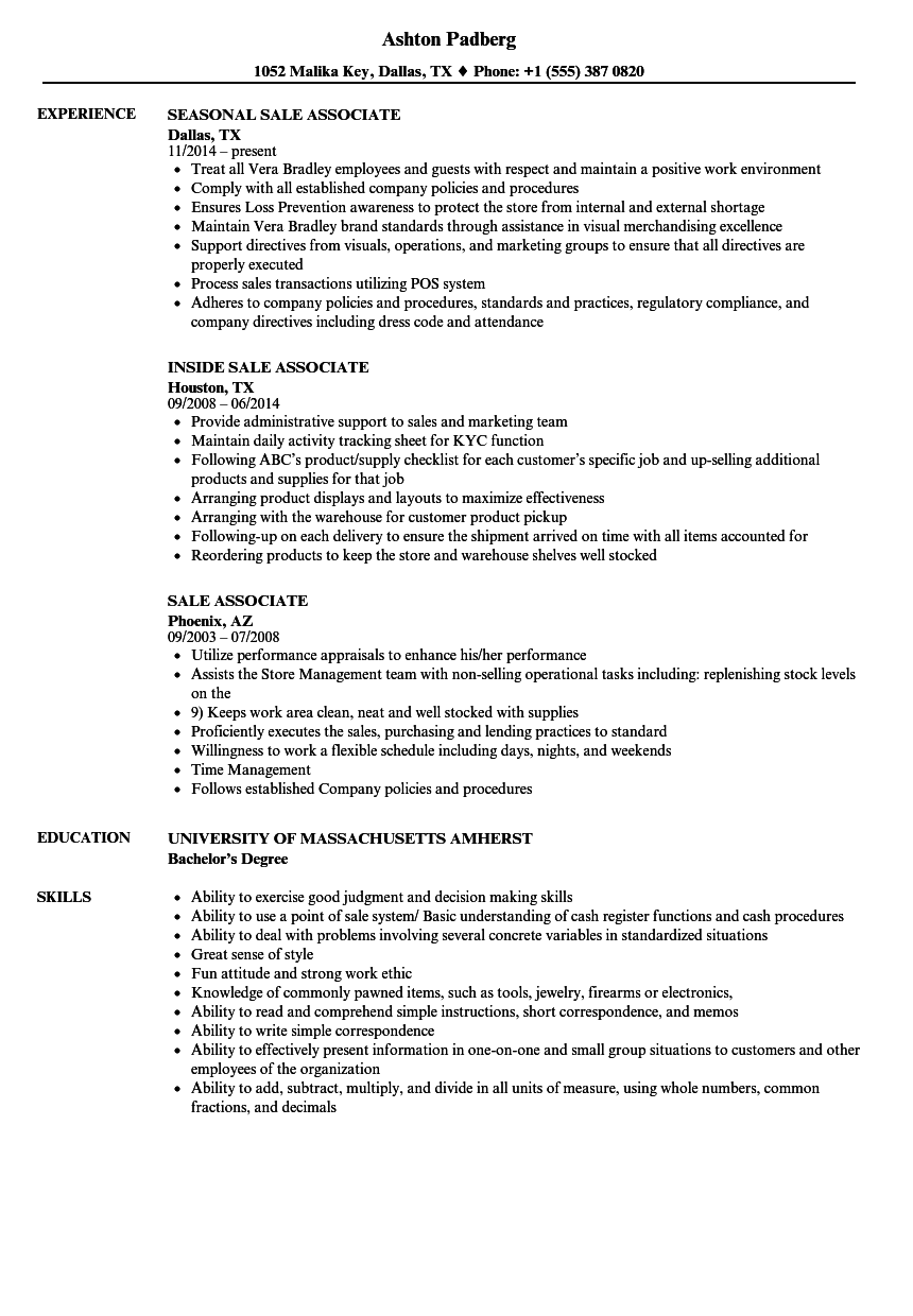 Sale Associate Resume | Velvet Jobs