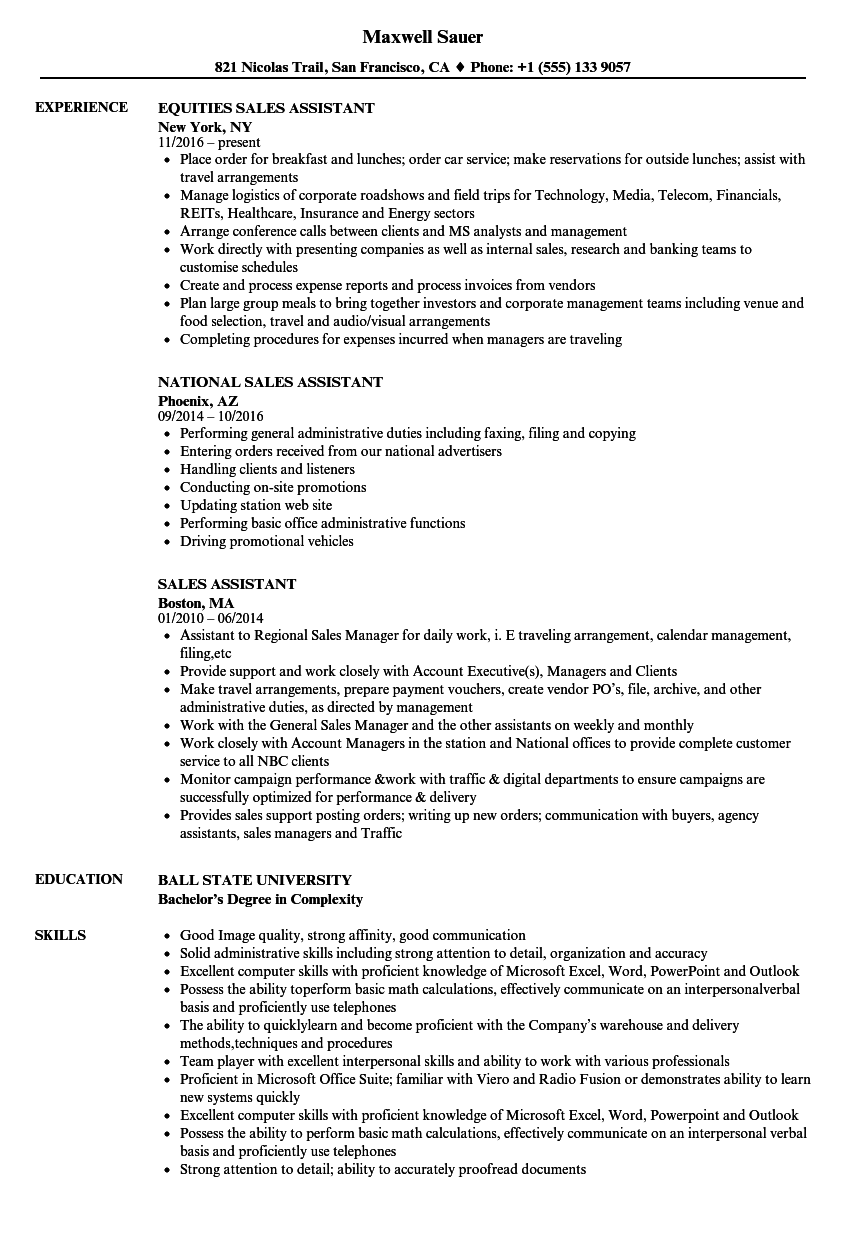 sales assistant resume sample