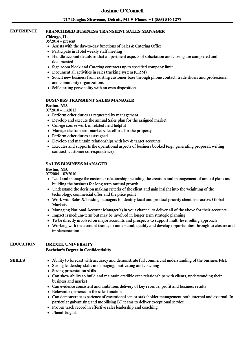 Sales Business Manager Resume Samples | Velvet Jobs