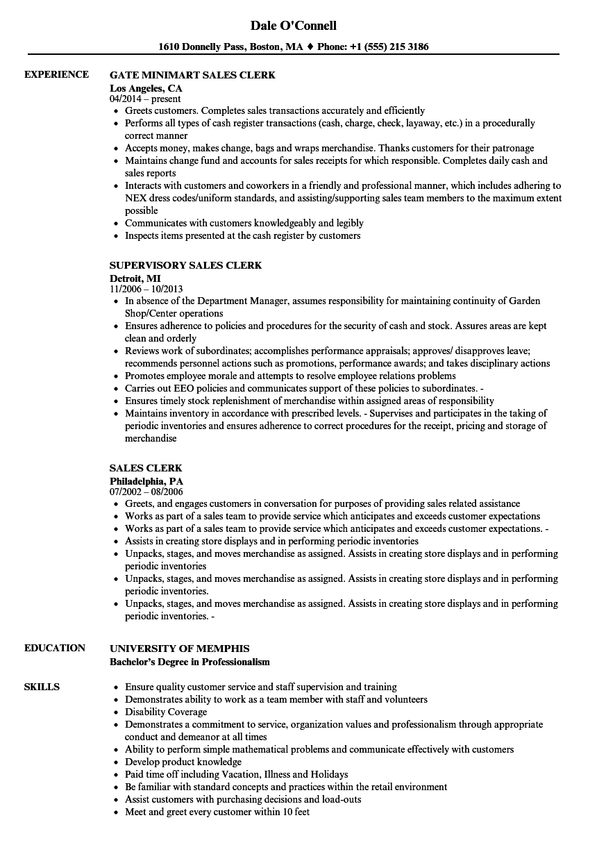 resume objective examples for sales clerk