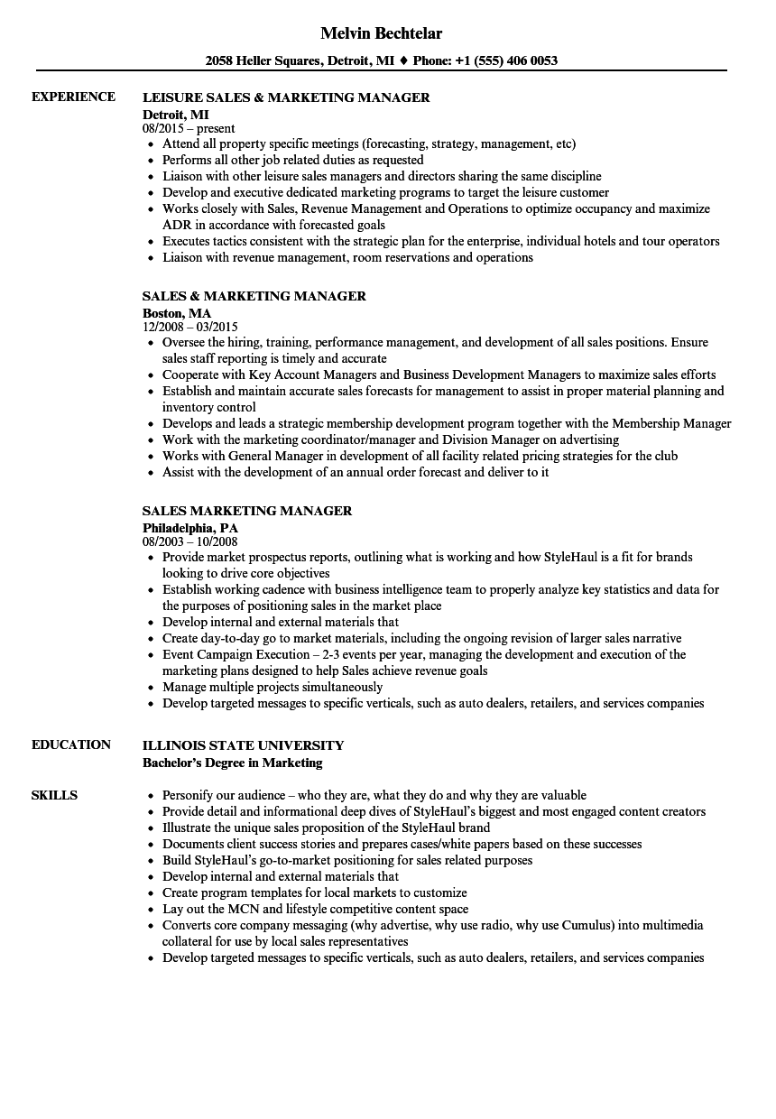 Sales Marketing Manager Resume Samples | Velvet Jobs