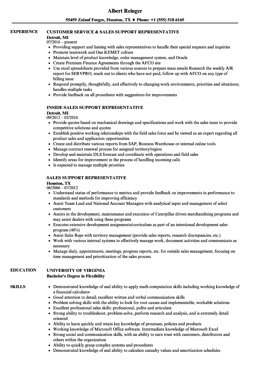 sales support representative resume