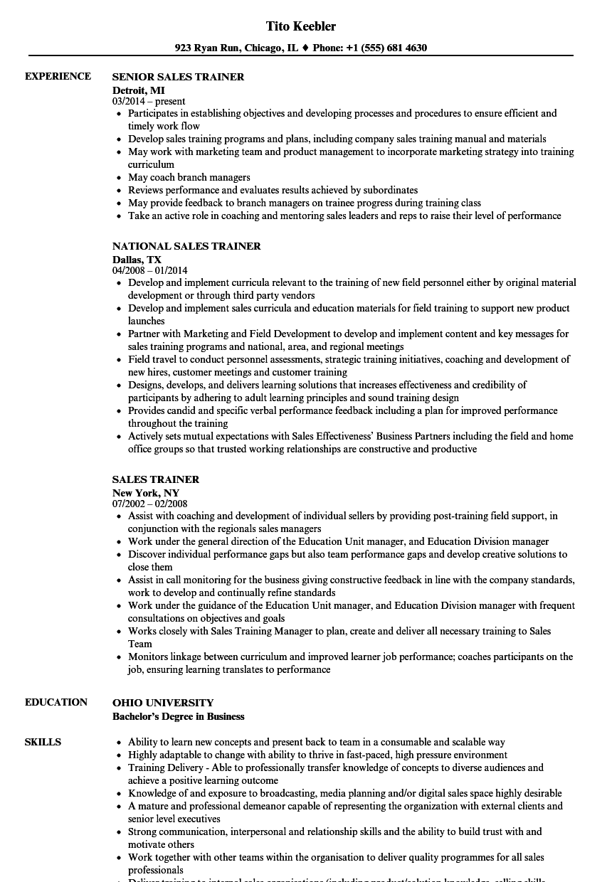 Sales Trainer Resume Samples  Velvet Jobs