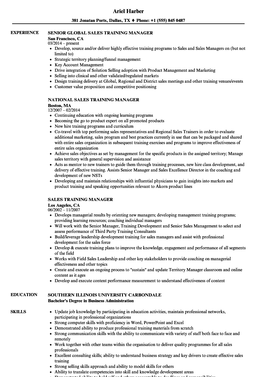 sales training manager job description for resume