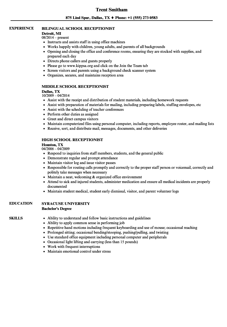 School Receptionist Resume Samples | Velvet Jobs