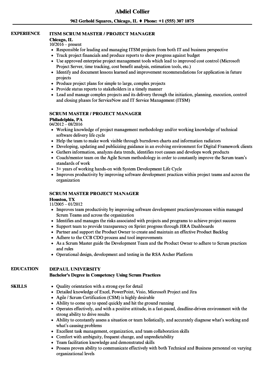 scrum master project manager resume sample