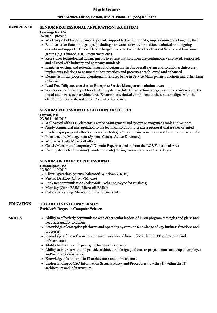 Senior Architect Professional Resume Samples | Velvet Jobs