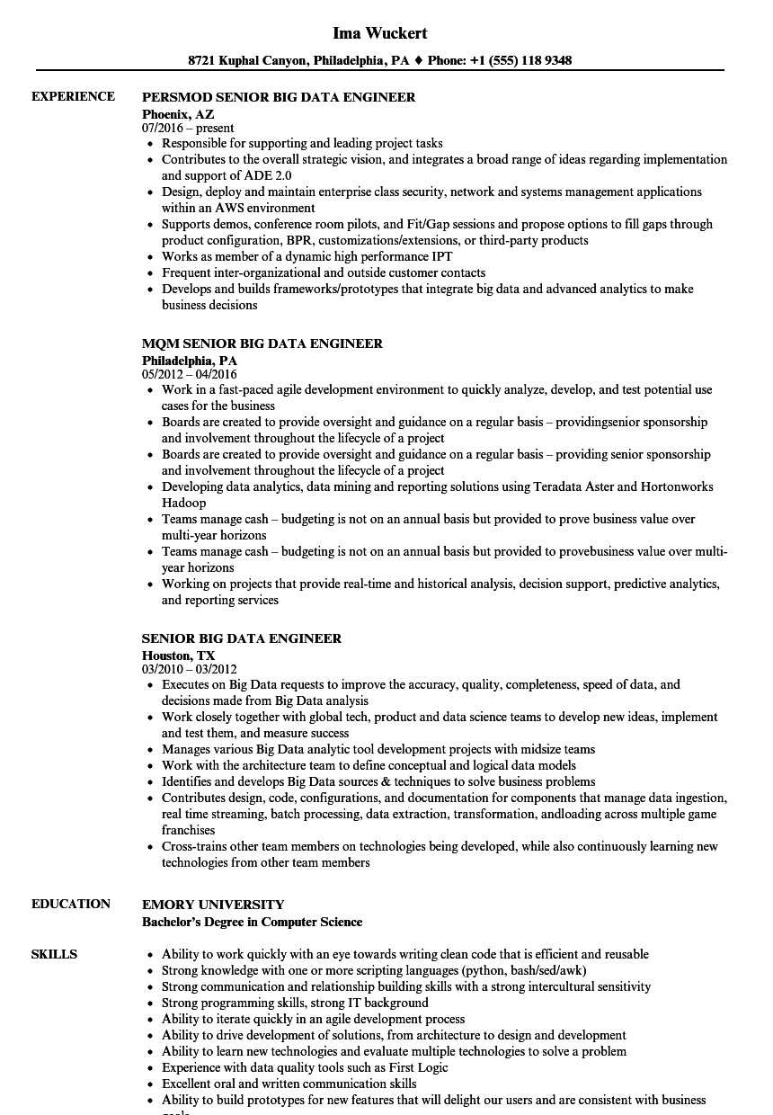 Senior Big Data Engineer Resume Samples