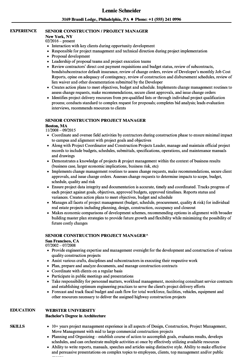 senior construction project manager resume samples