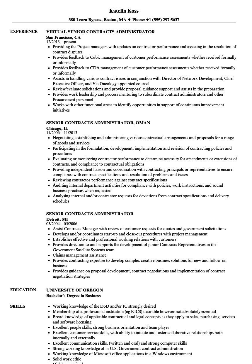 senior contracts administrator resume samples