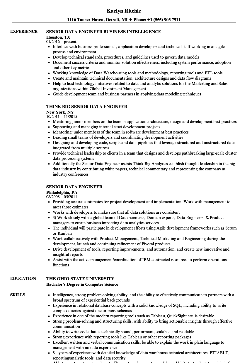 Senior Data Engineer Resume Samples