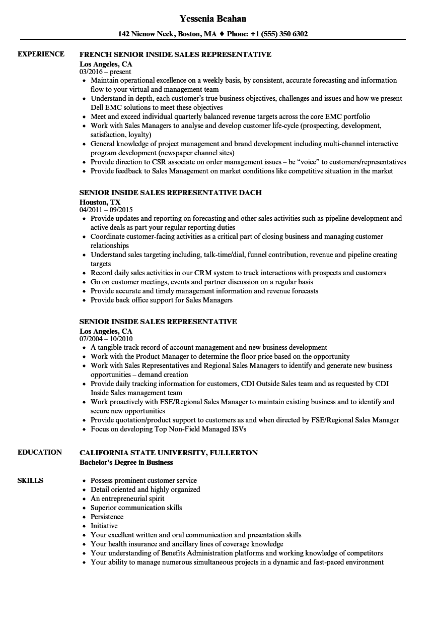 Senior Inside Sales Representative Resume Samples | Velvet ...