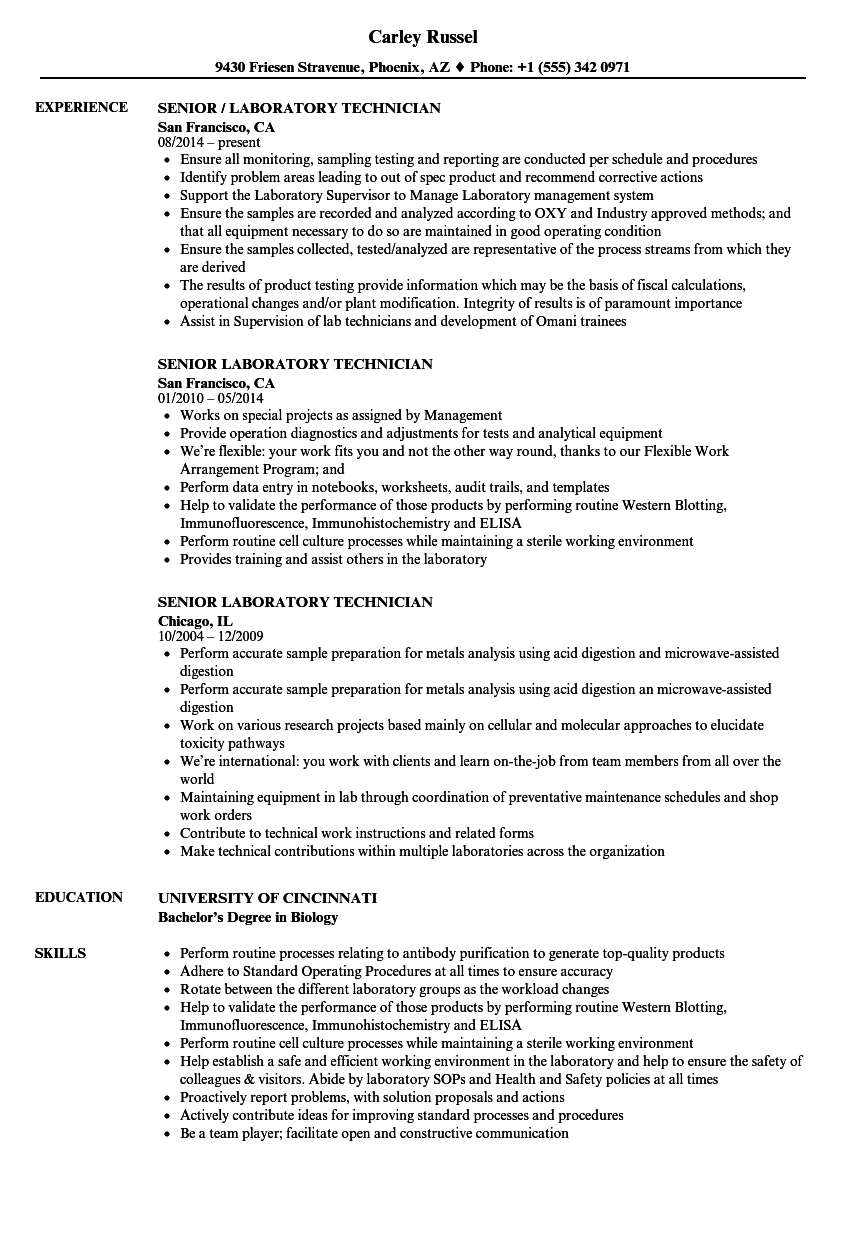 Senior Laboratory Technician Resume Samples Velvet Jobs