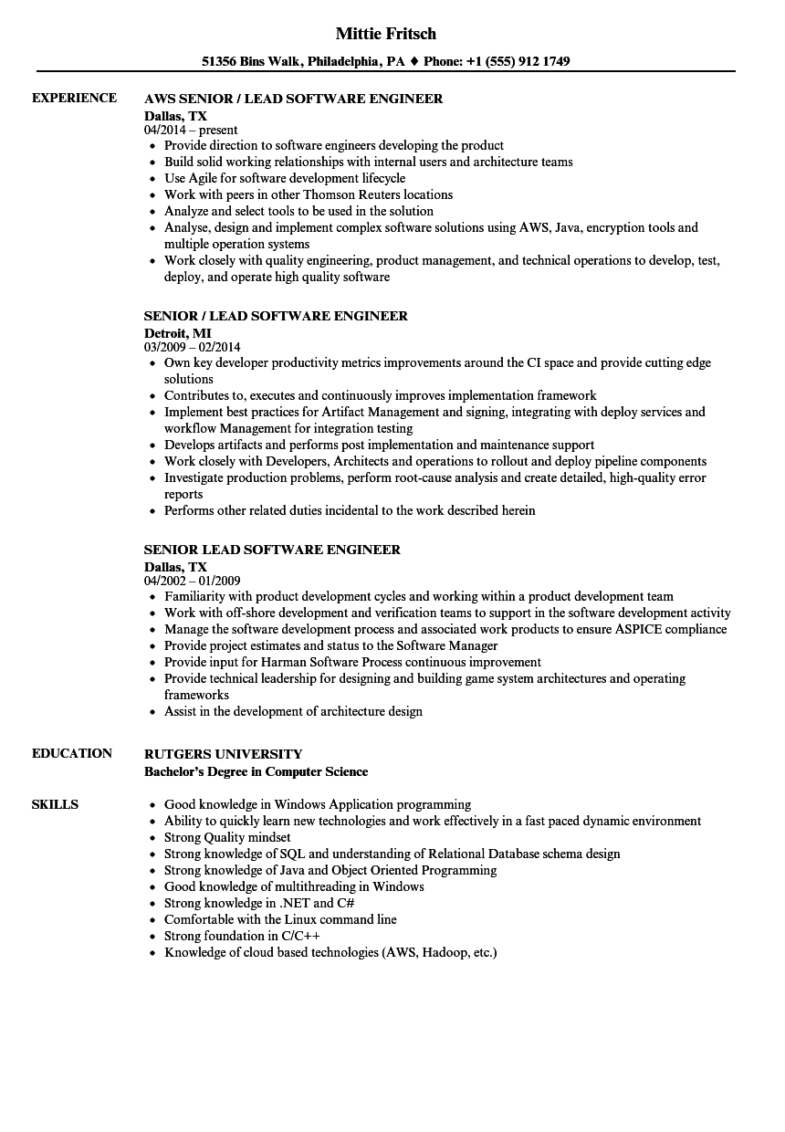 Senior Lead Software Engineer Resume Samples Velvet Jobs