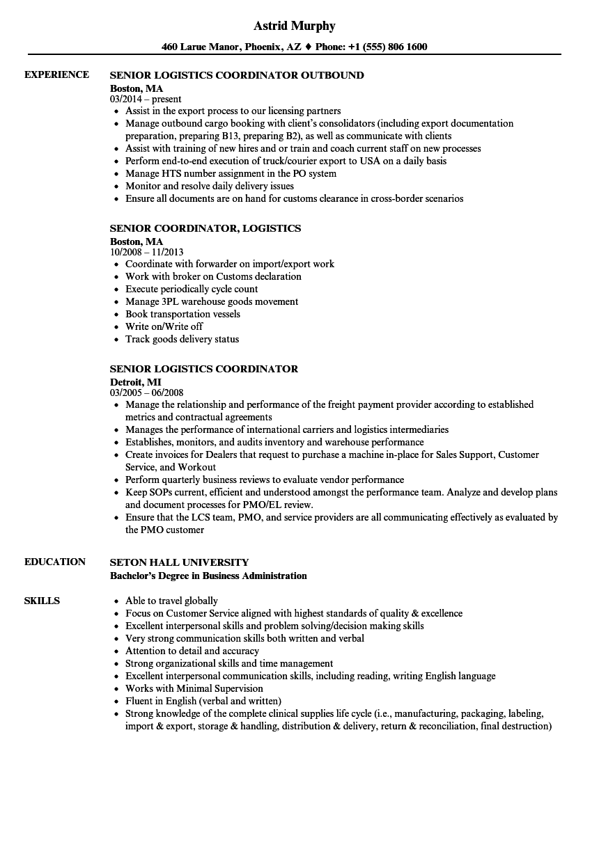 Senior Logistics Coordinator Resume Samples Velvet Jobs