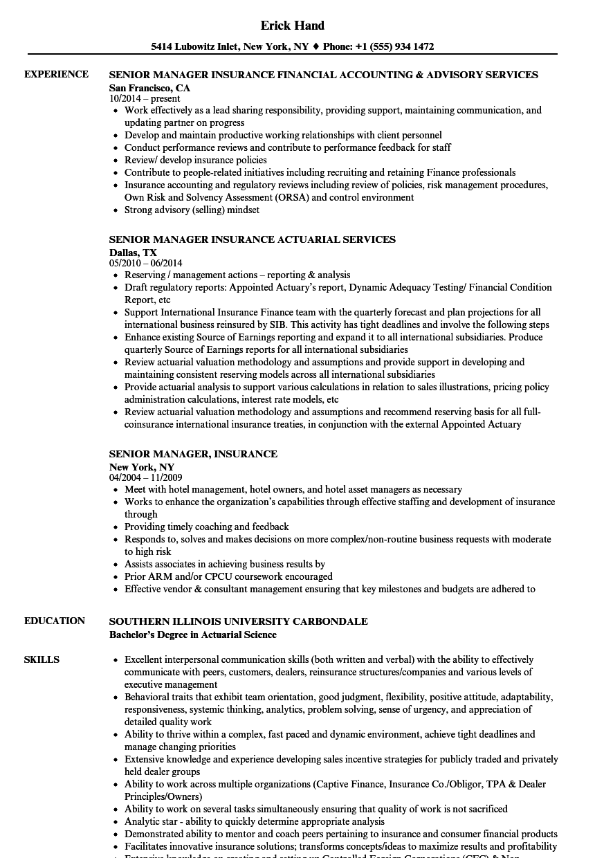 Senior Manager, Insurance Resume Samples | Velvet Jobs