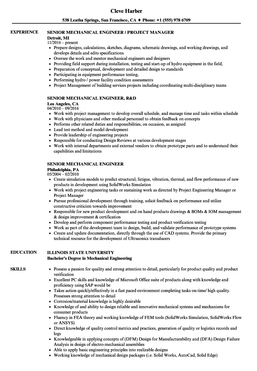 Senior Mechanical Engineer Resume Samples Velvet Jobs