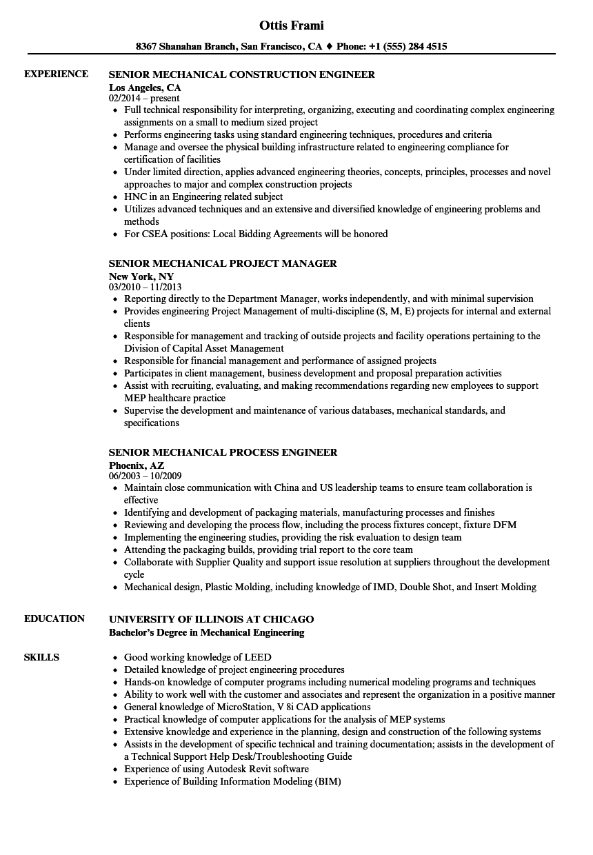 Senior Mechanical Resume Samples | Velvet Jobs