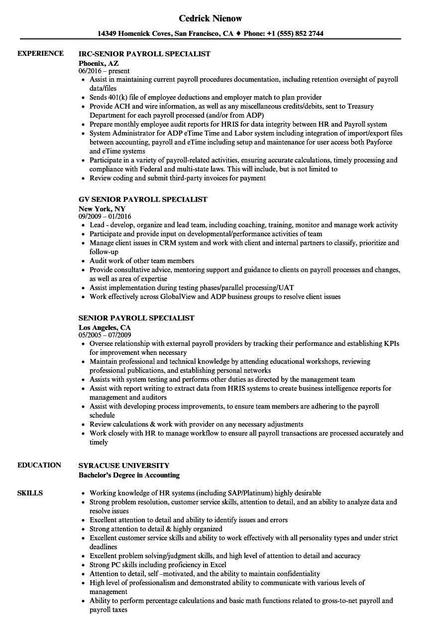 Senior Payroll Specialist Resume Samples Velvet Jobs