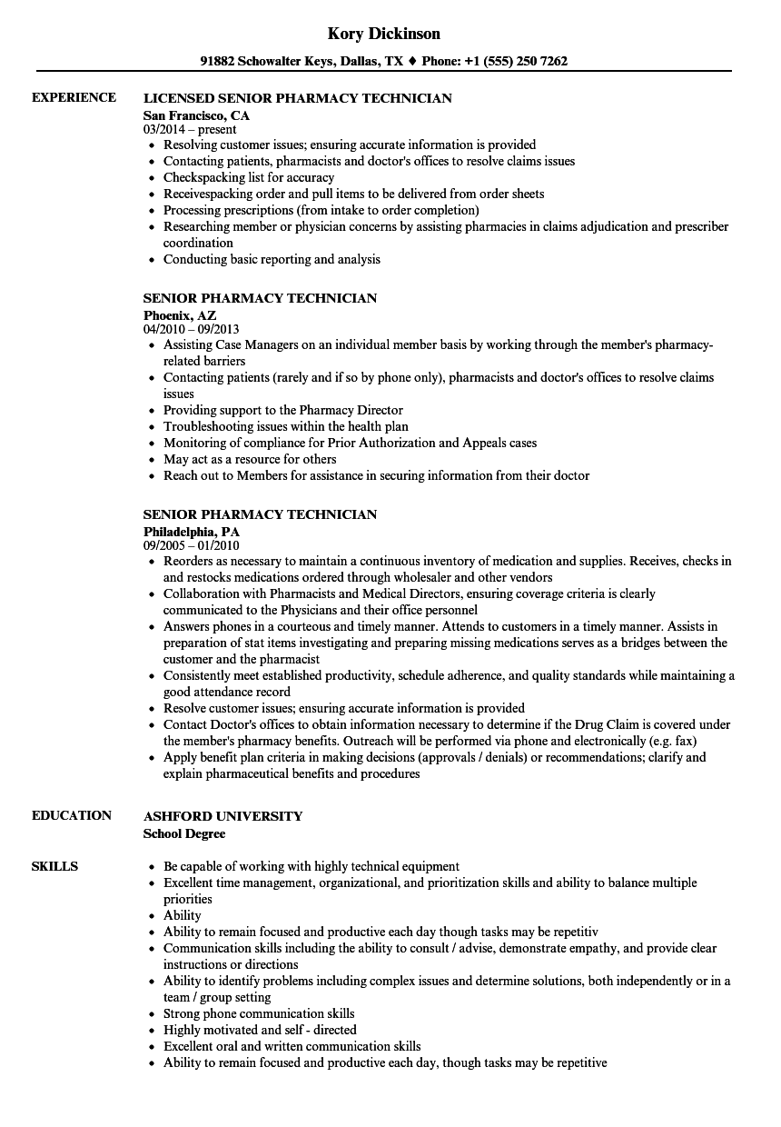 Senior Pharmacy Technician Resume Samples | Velvet Jobs