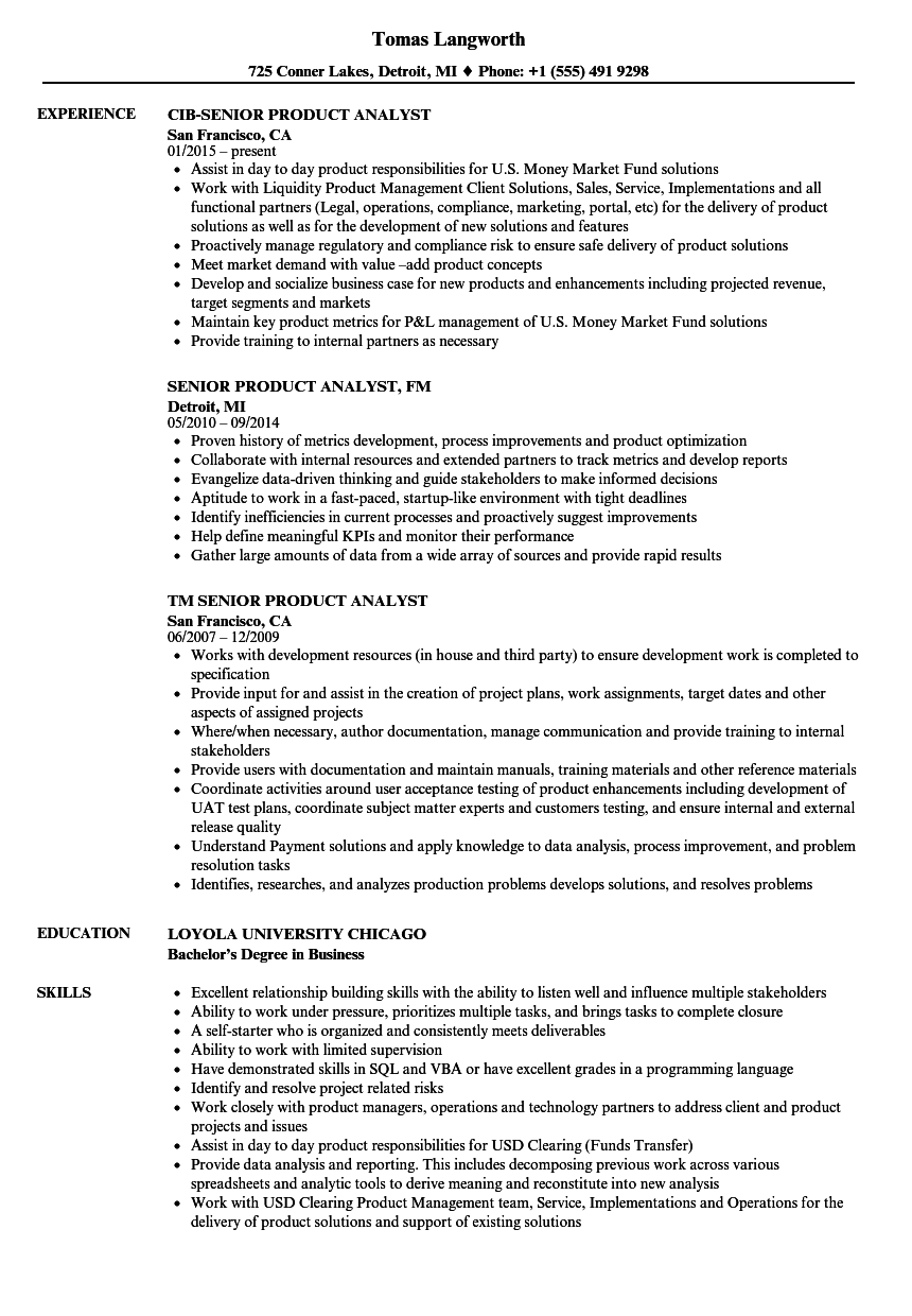 senior product analyst resume